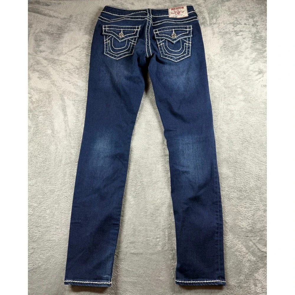 True Religion Womens 27 Skinny Jeans Dark Wash White Super T Stitch Y2K Flap